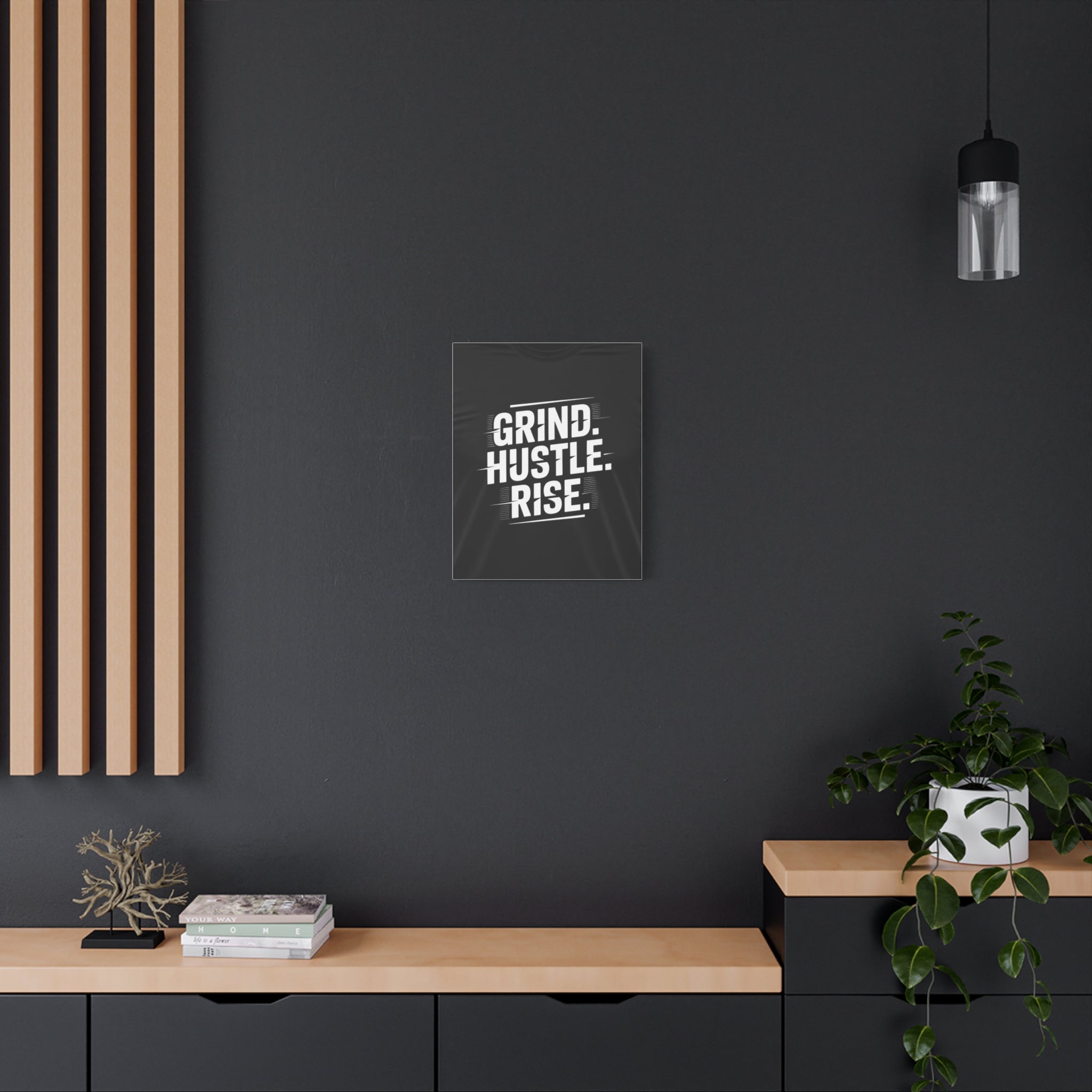 Motivational Canvas Print — "GRIND. HUSTLE. RISE." Black Wall Art for Home Office